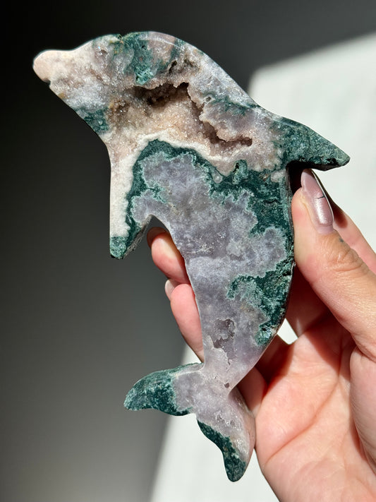 Moss Agate + Pink Amethyst Dolphin