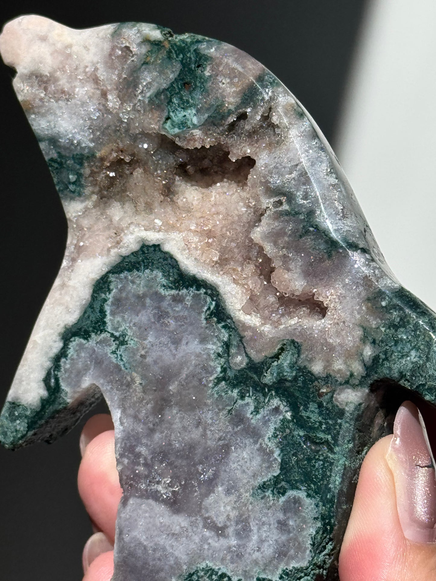 Moss Agate + Pink Amethyst Dolphin