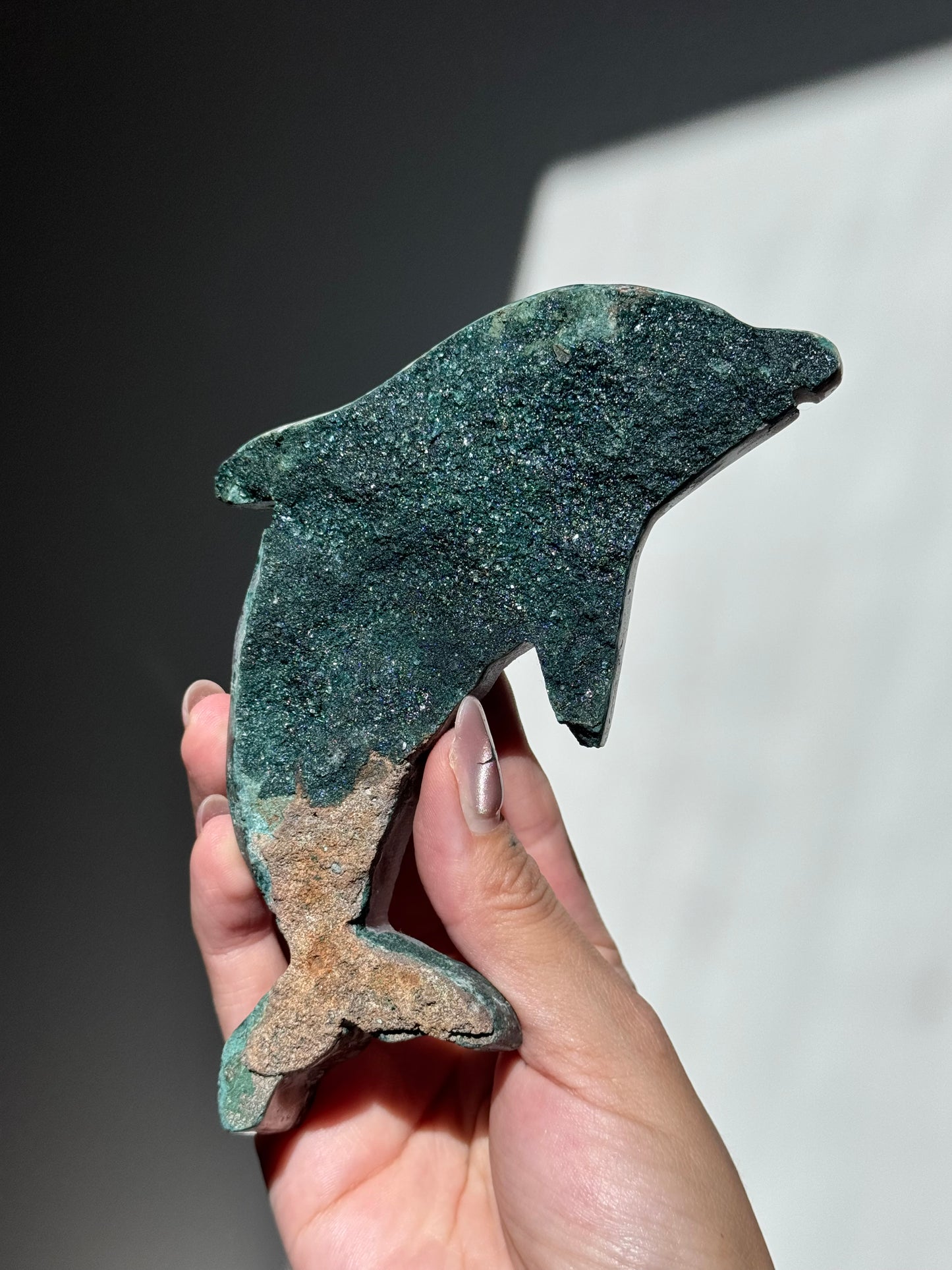 Moss Agate + Pink Amethyst Dolphin