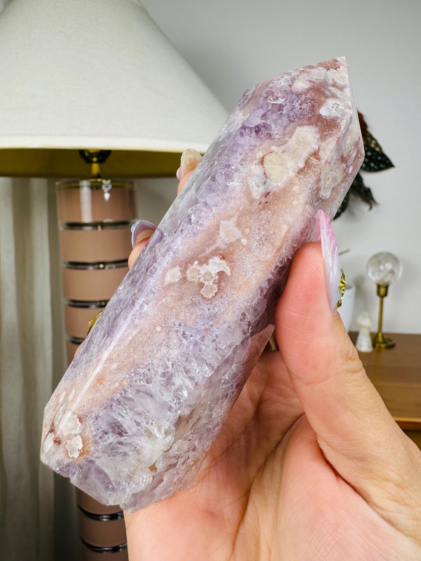 Pink Amethyst with Flower Agate Tower