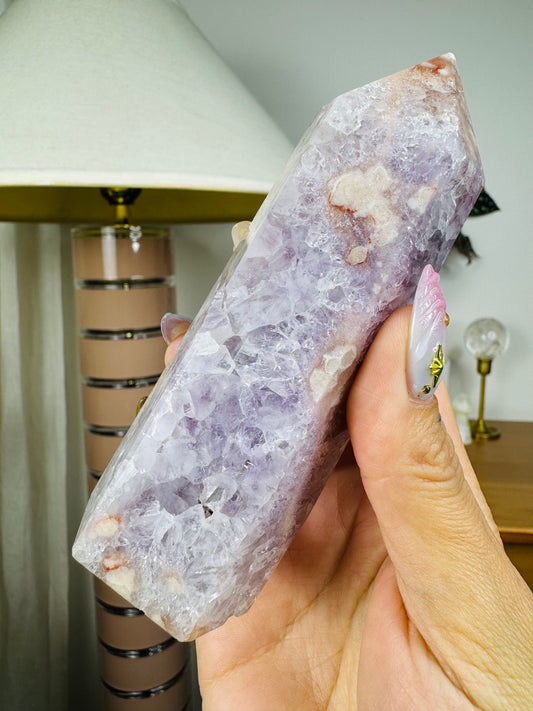 Pink Amethyst with Flower Agate Tower