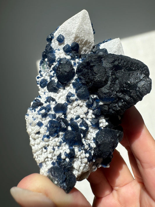 Blueberry Fluorite on Candle Quartz Specimen