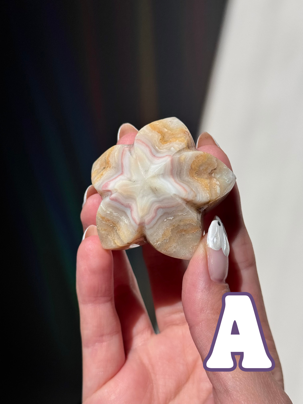 Pink Lace Agate Flower Carvings (A–E)