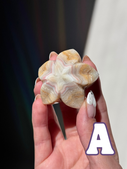 Pink Lace Agate Flower Carvings (A–E)
