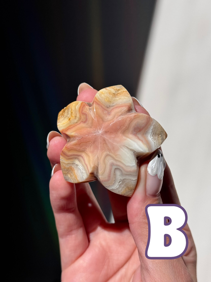 Pink Lace Agate Flower Carvings (A–E)