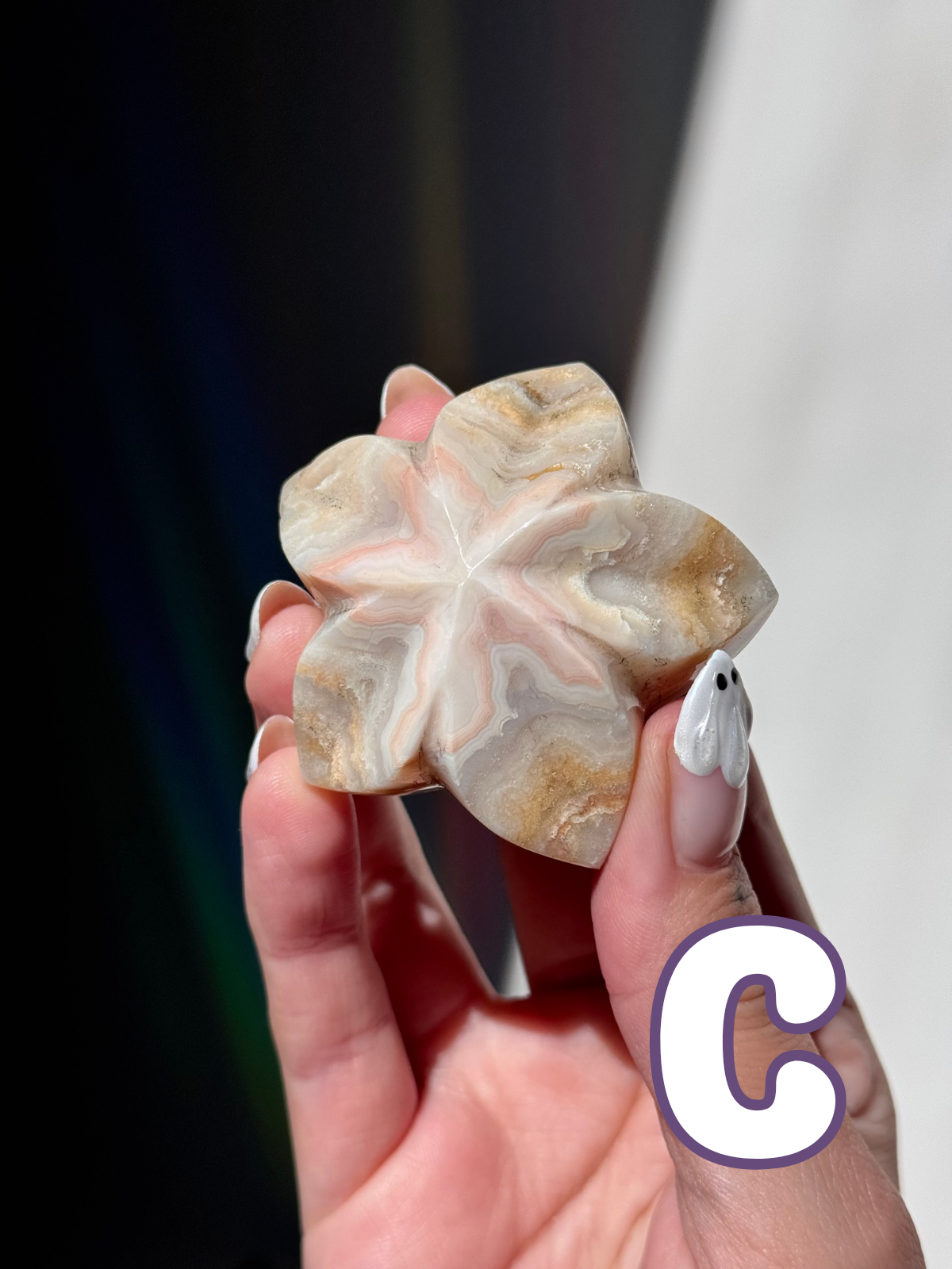 Pink Lace Agate Flower Carvings (A–E)