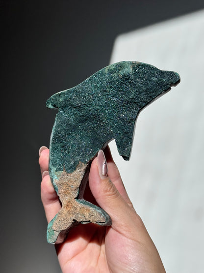 Moss Agate + Pink Amethyst Dolphin