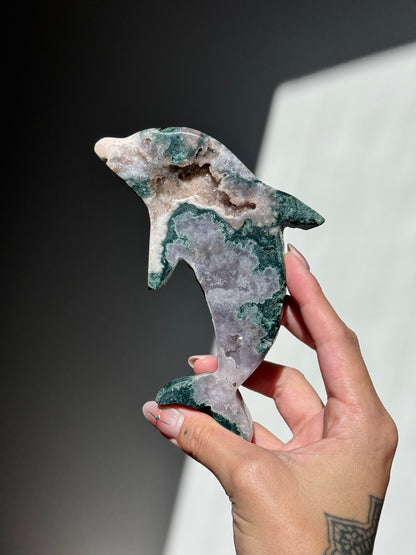 Moss Agate + Pink Amethyst Dolphin