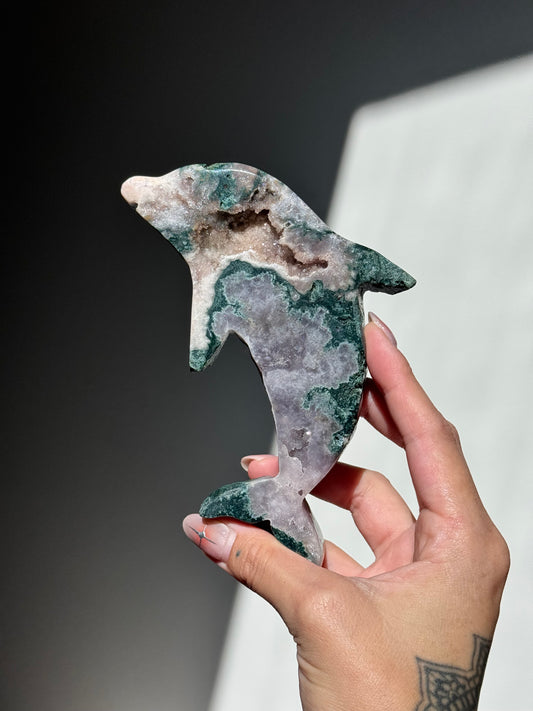 Moss Agate + Pink Amethyst Dolphin
