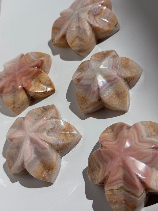 Pink Lace Agate Flower Carvings (A–E)