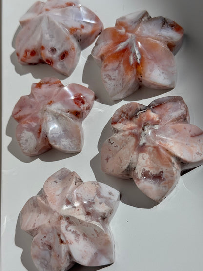Pink Carnelian Flower Carvings (A–E)