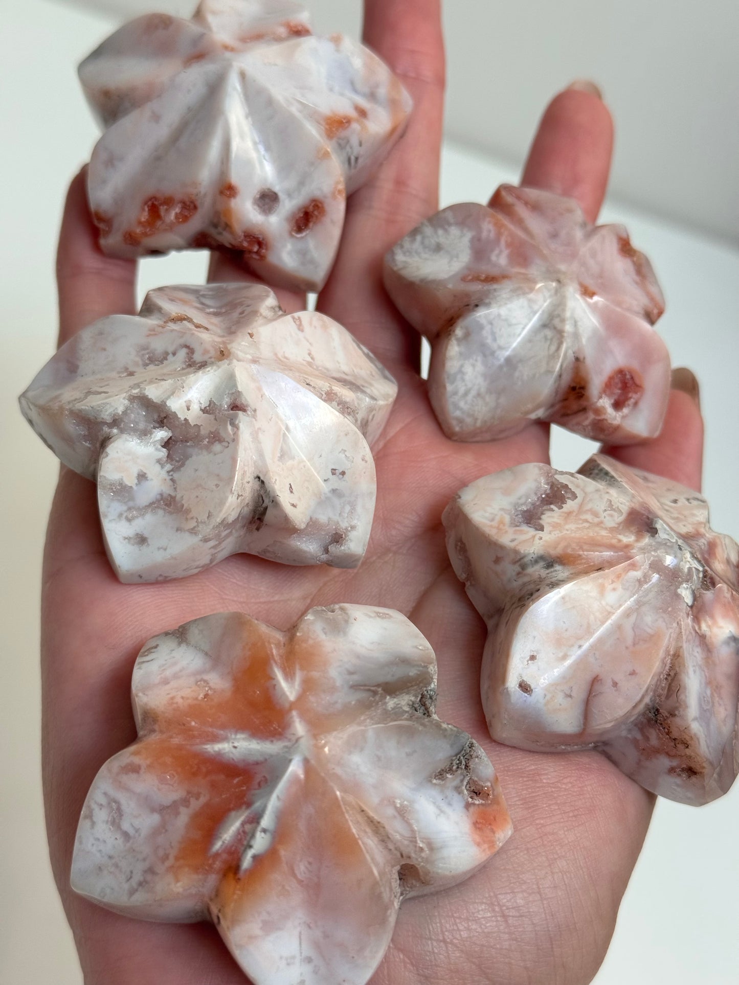 Pink Carnelian Flower Carvings (A–E)