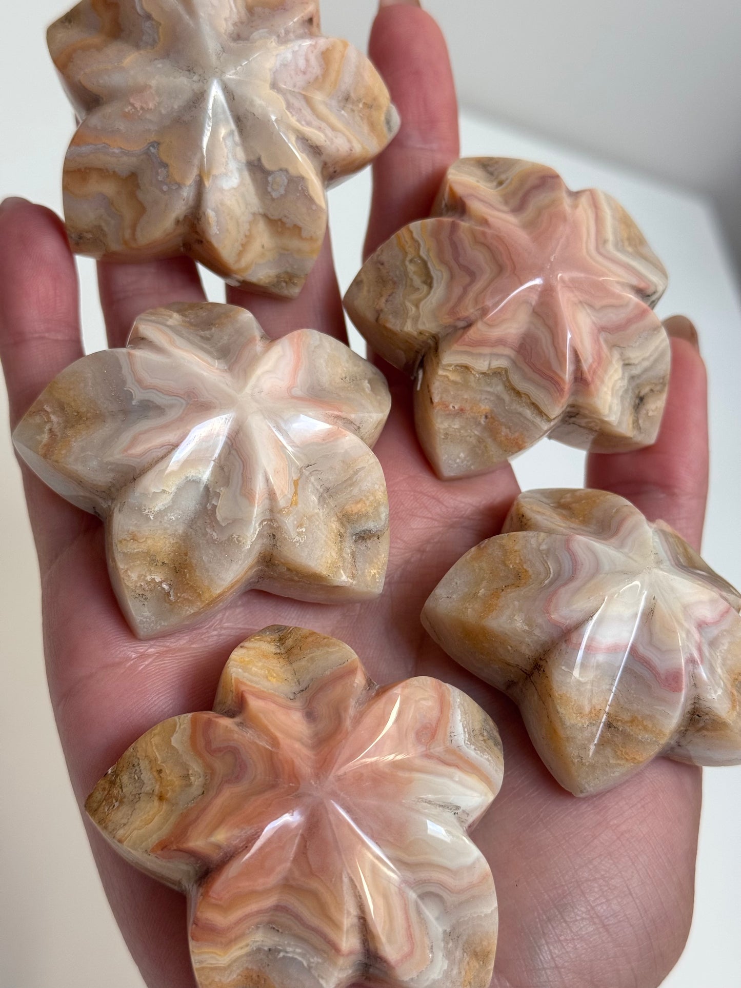 Pink Lace Agate Flower Carvings (A–E)