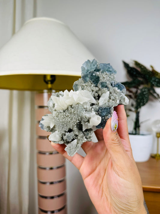 Blue Cubic Fluorite and Dogtooth Calcite Specimen