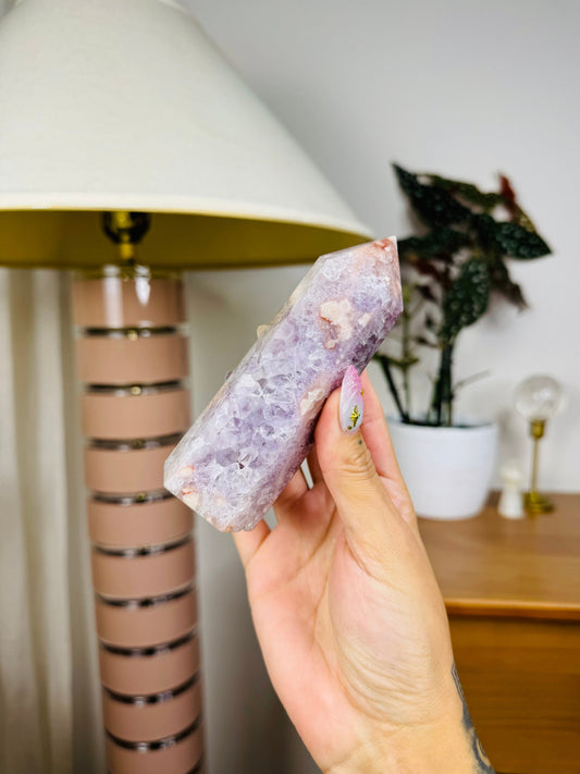 Pink Amethyst with Flower Agate Tower