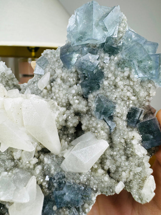 Blue Cubic Fluorite and Dogtooth Calcite Specimen