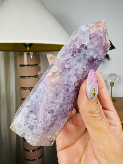 Pink Amethyst with Flower Agate Tower