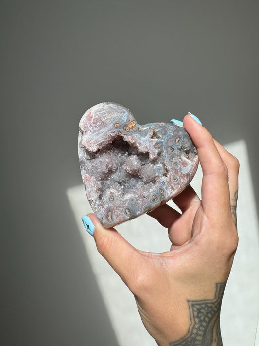 Druzy Pink/Grey Amethyst Heart Stand Included