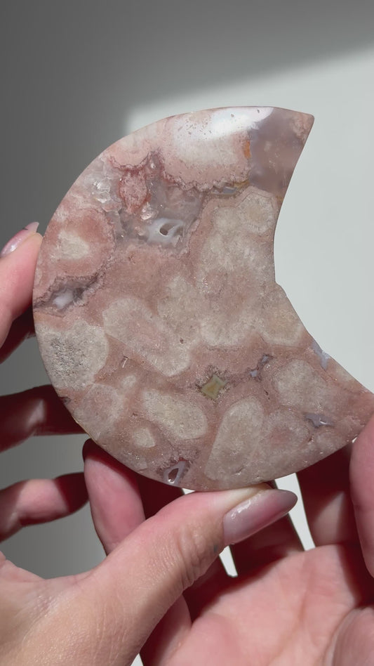 Flower Agate Moon on Stand