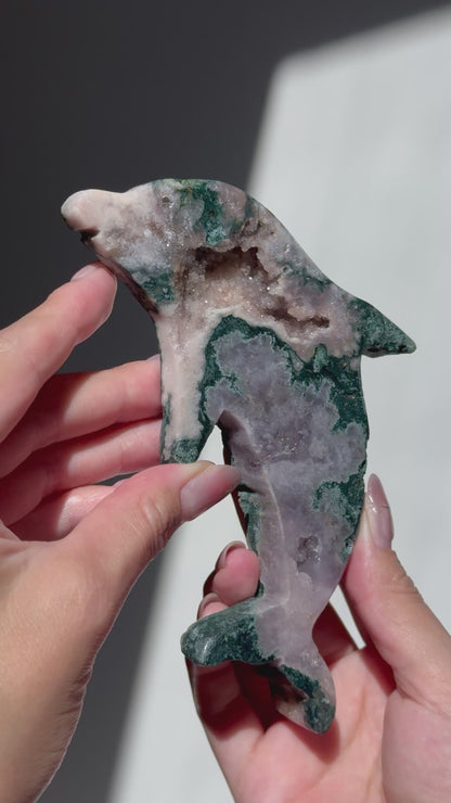 Moss Agate + Pink Amethyst Dolphin