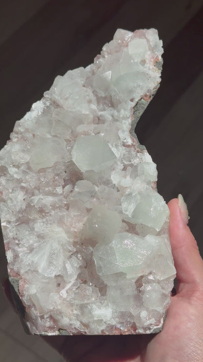 Peach Stilbite & Apophyllite on Chalcedony – Sugar Sparkle Cluster
